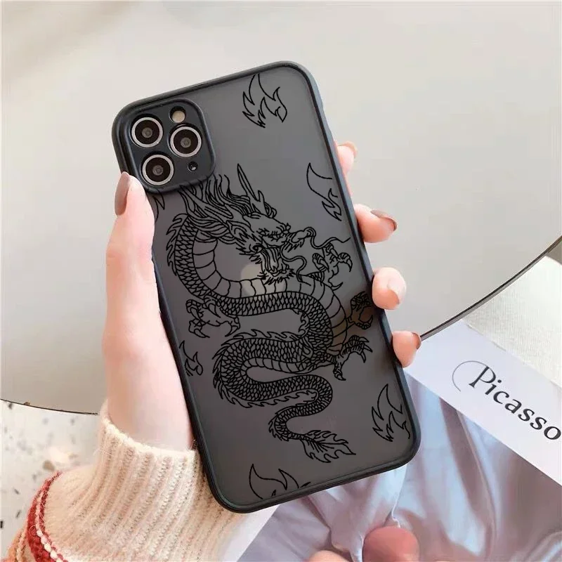 Remazy moda smok zwierząt wzór etui na telefony dla iPhone 13 12 11 14 Pro MAX X XS XR 8 7 Plus dysk przezroczysty okładka matowa torba