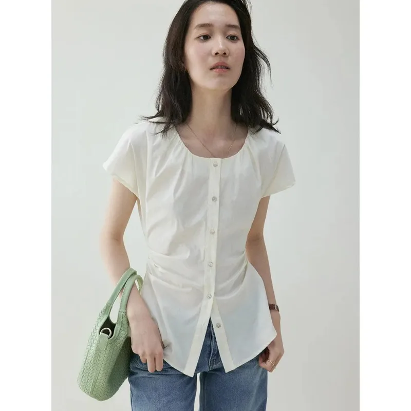 

Womens French Style Ruched Waist Tie Button Down Shirt for Summer Commute