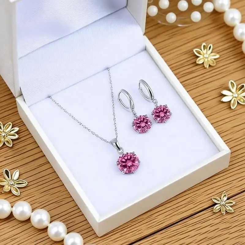 Trendy 925 Sterling Silver 6 Claws Round Crystal Zircon Necklace Drop Earrings Set for Women Girls Wedding Party Bridal Gifts