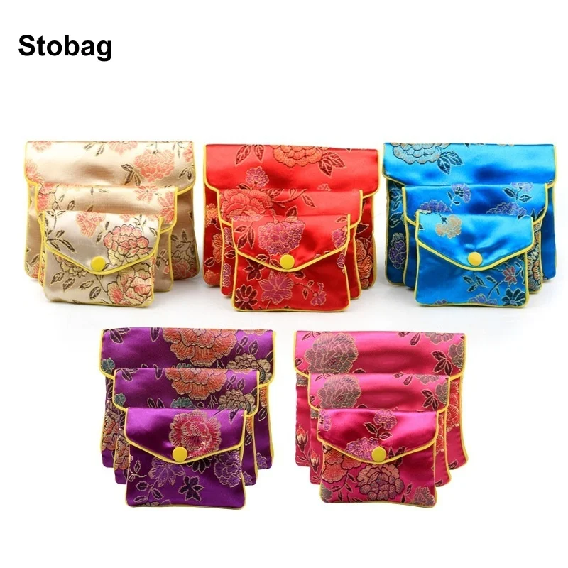 

StoBag 20pcs Chinese Silk Cotton Bag with Button Small Embroidery Handmade Gift Jewelry Package Storage Pocket Reusable Pouch