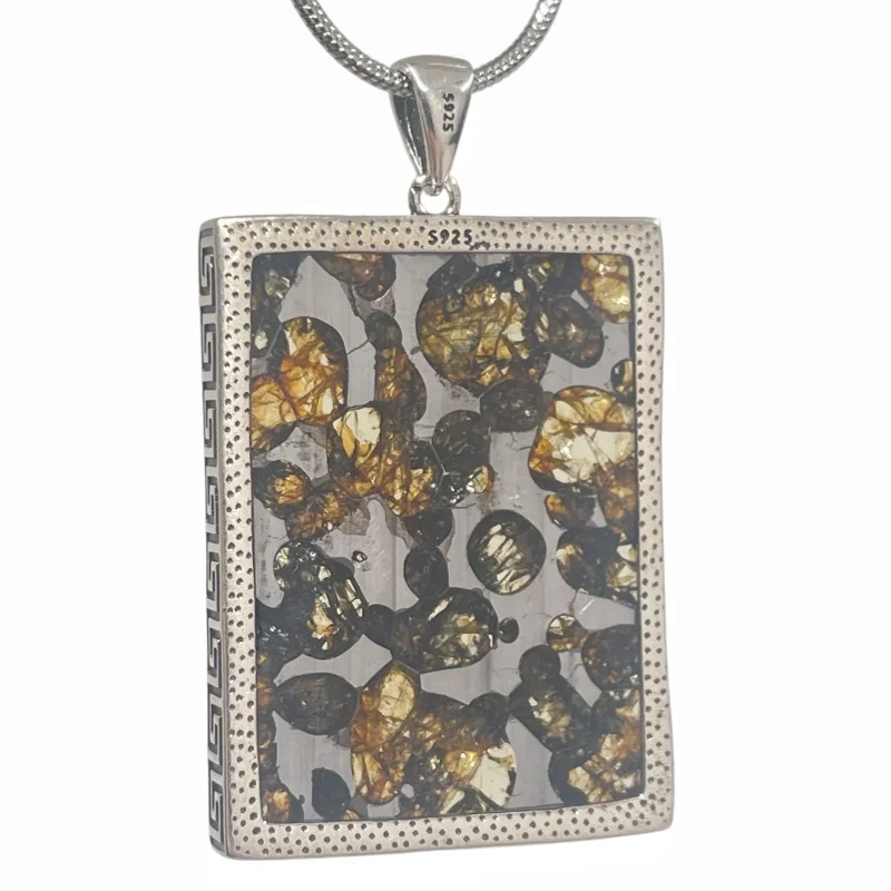 Natural Seymchan Meteorite Pendant Genuine Pallasite Meteorite Slice Silver Setting Cosmic Stone Collectible Necklace LK601