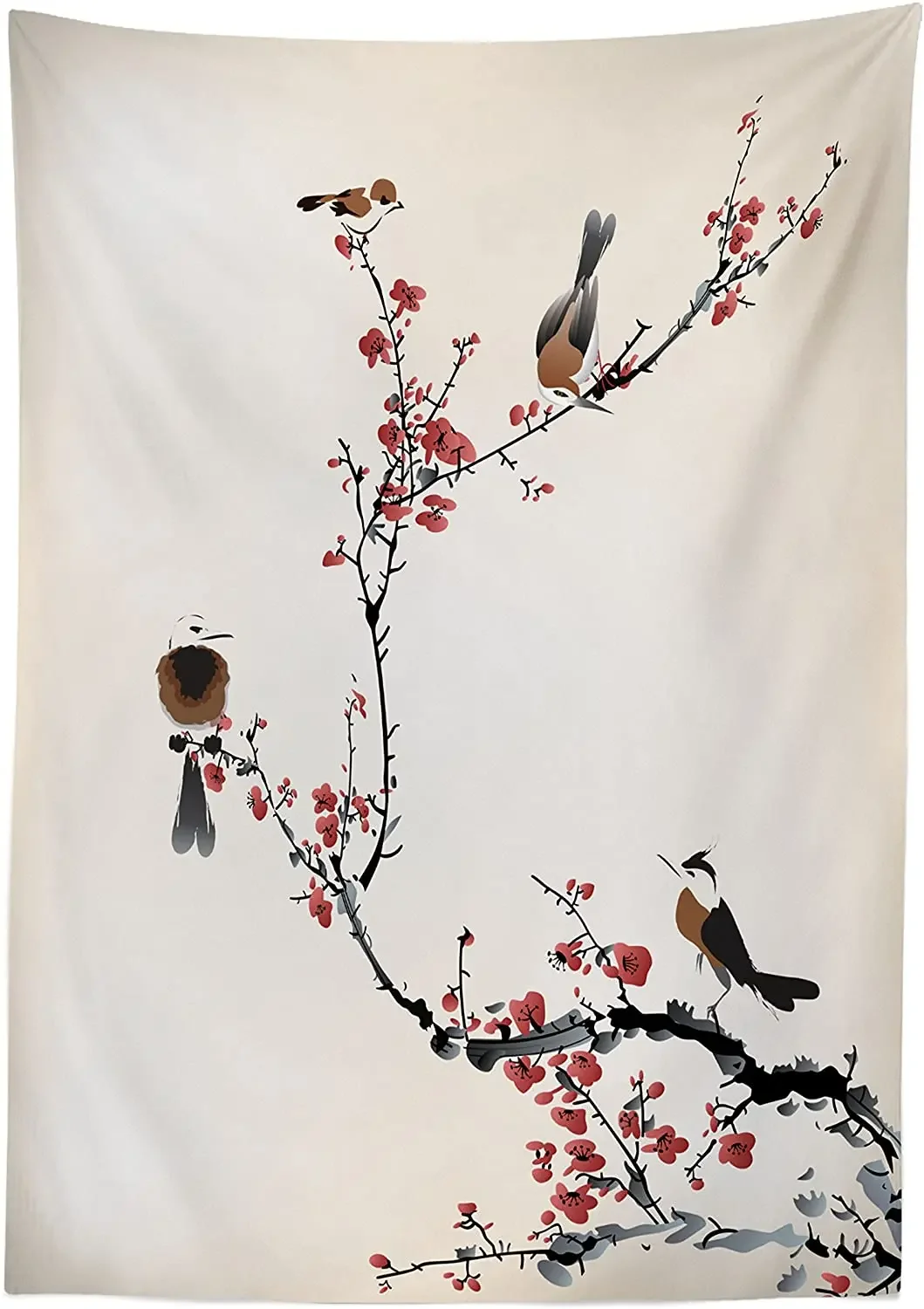 Birds on Cherry Tree Branches Summer Classic Illustration Rectangular Table Cover