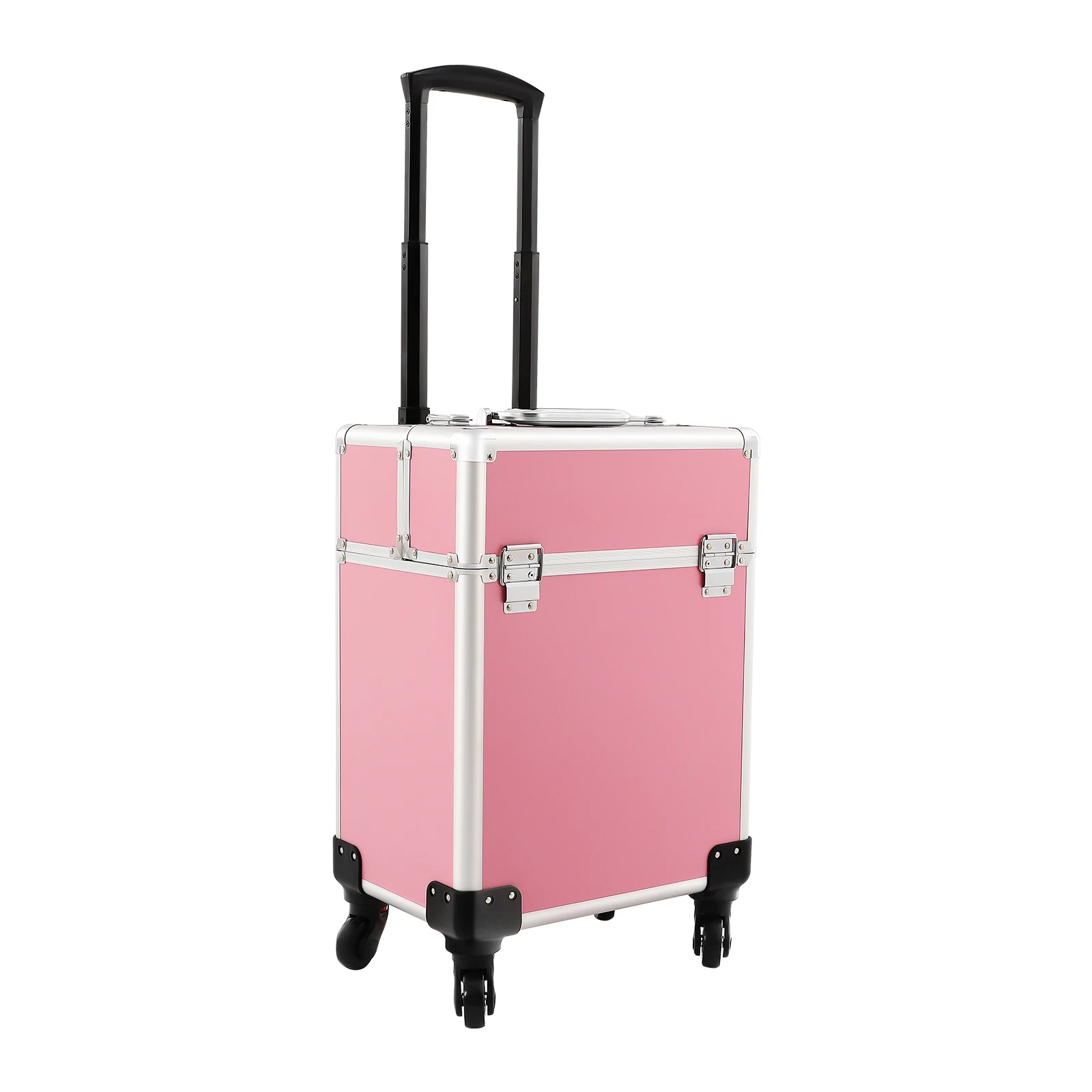 

Pink Rolling Makeup Train Case Large Capacity Cosmetic Trolley with Keys & Trayers for Nail Polish Lipsticks Makeup Storage Cart