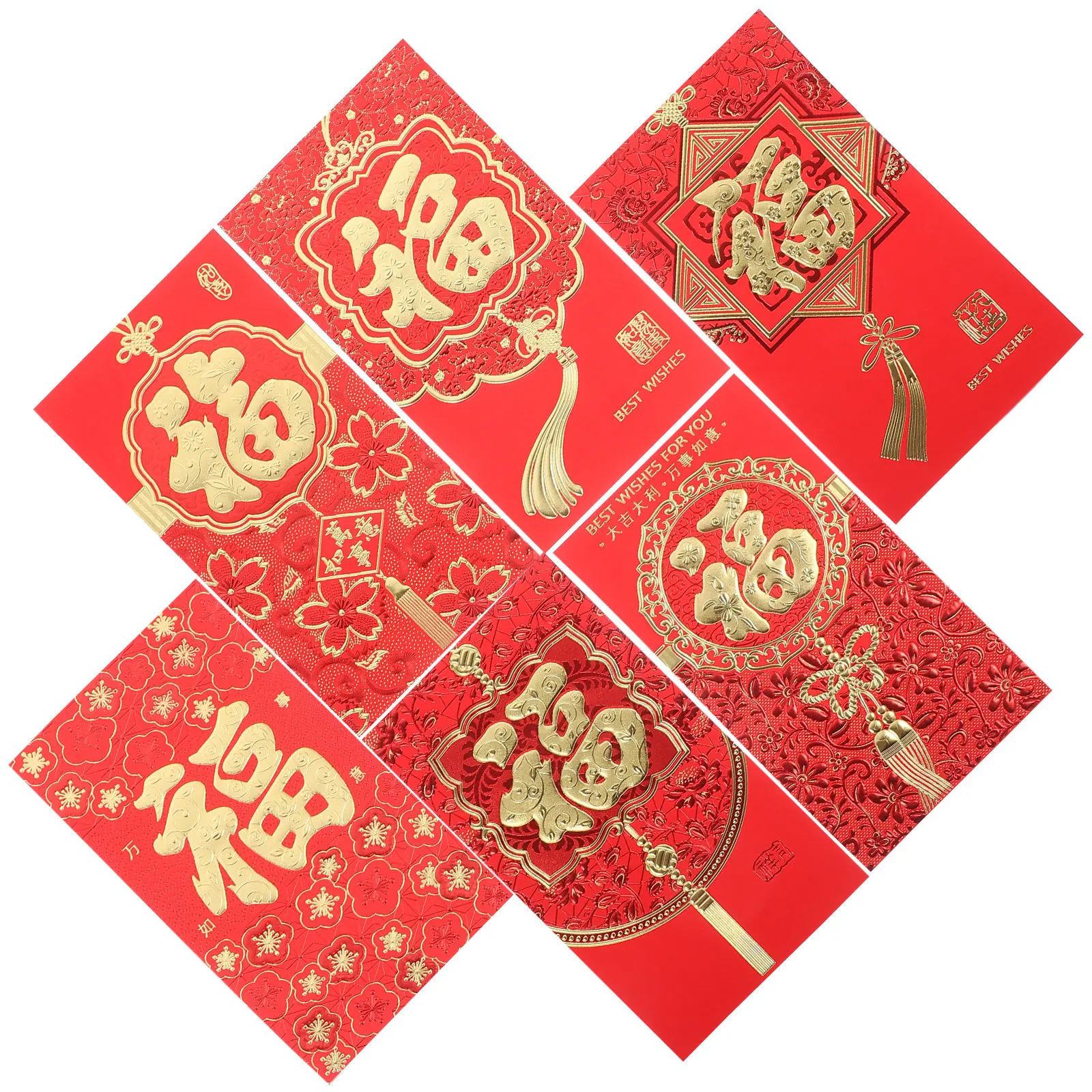 

6Pcs Traditional Chinese Red Envelopes Dragon Year Lucky Fu Design Paper Money Pockets for New Year Wedding Gift Giving Festival