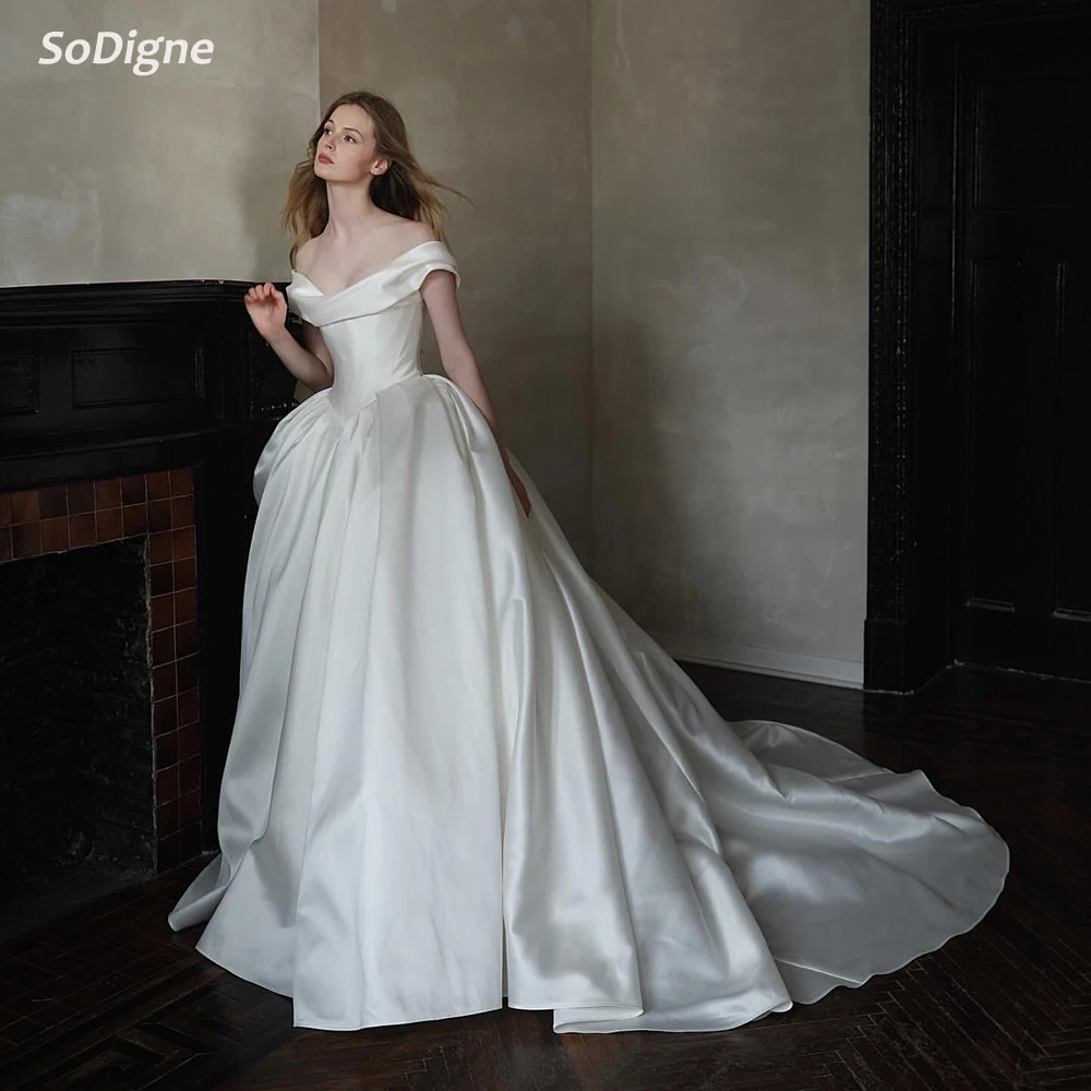 

SoDigne A-line Simple Satin Wedding Dresses Off Shoulder Sleeveless Bridal Dress 2026 Bride Gown vestidos de novia Customized