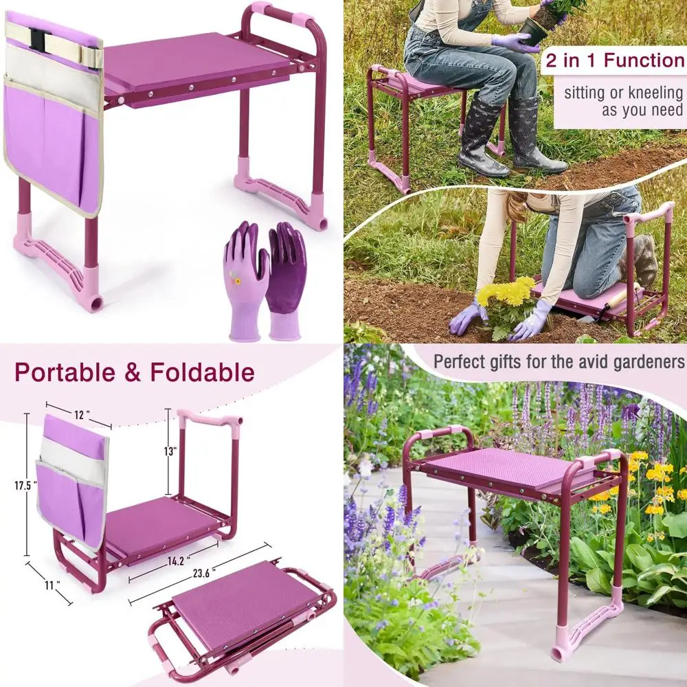 

Фиолетовый садовый табурет на коленях со стальным каркасом, сумкой для инструментов и подкладкой из пенопласта EVA для комфорта
