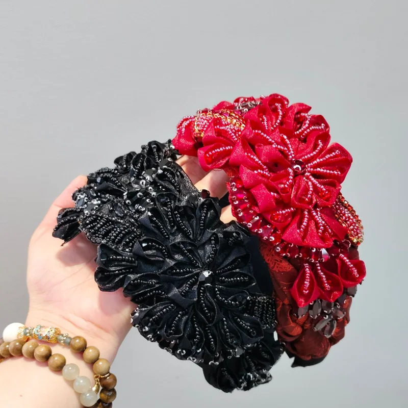 Handmade Fabric Flower Wide Headband Beaded Rhinestone Hair Hoop Hairbands Luxury Party Evening Hair Accessories