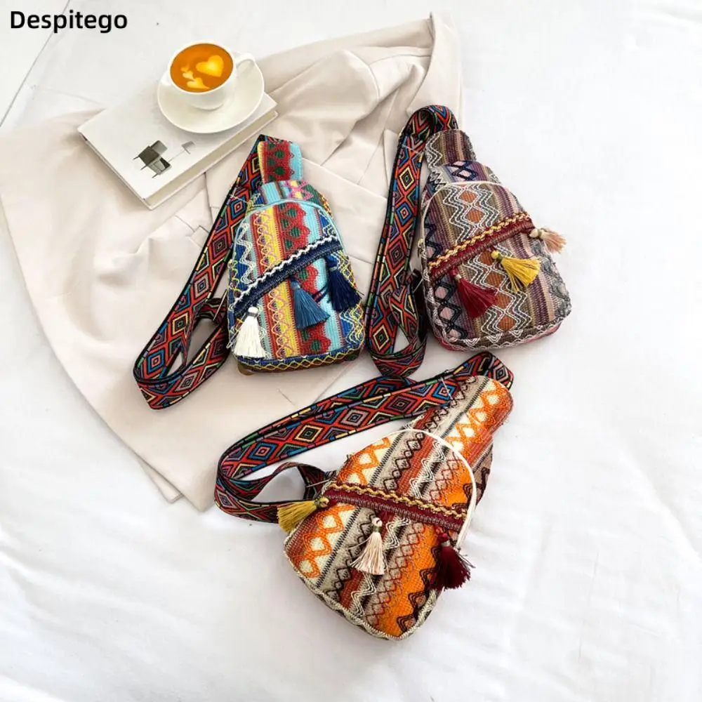 Vintage Ethnic Style Colorful Crossbody Bag Fashion Woven Tassel Shoulder Bag Trendy Simple Chest Bag Women Girls Coin Purse