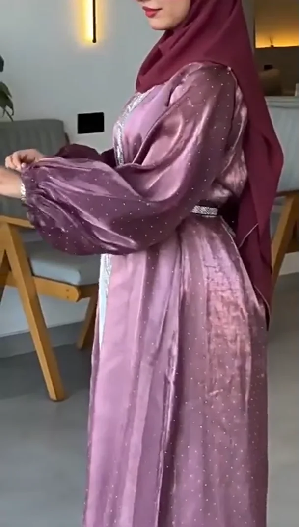 

Eid Abayas Muslim Set Women Luxury Party Evening Satin Diamonds Kaftan Jalabiya Arabic Modest Kimono Dress Dubai Kebaya Ramadan
