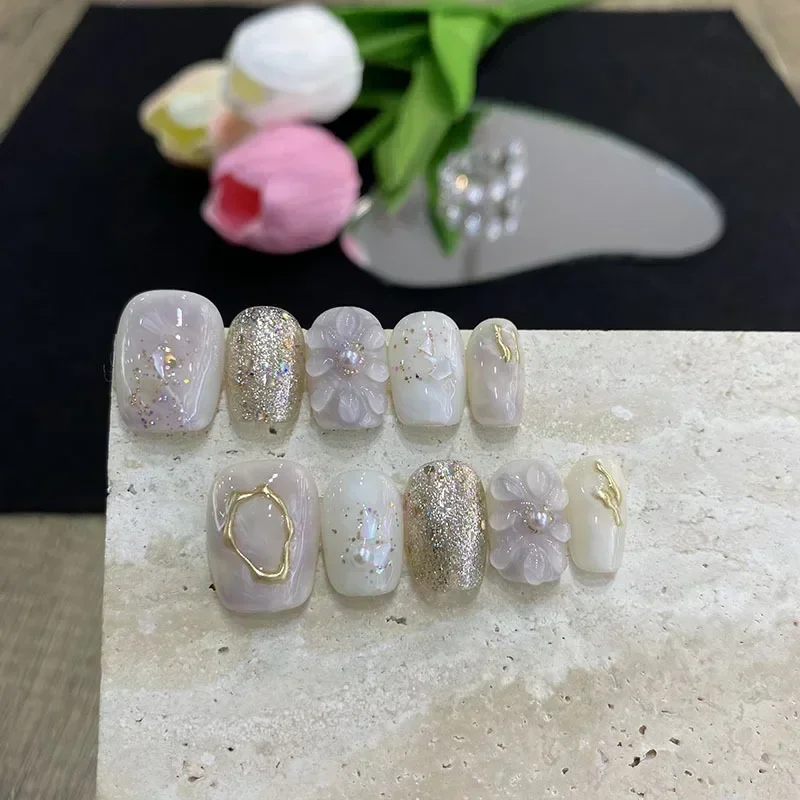 10Pcs Handmade Press On Nails Short Cute Flower Butterfly Design Full Cover False Nails Artificial Wearable Manicure Nail Tips