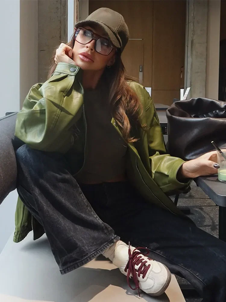 

Olive Green Fashion Short Leather Jacket Coat Zipper Casual Outwear Silhouette Vintage High Street Trend Overcoat Spring Autumn