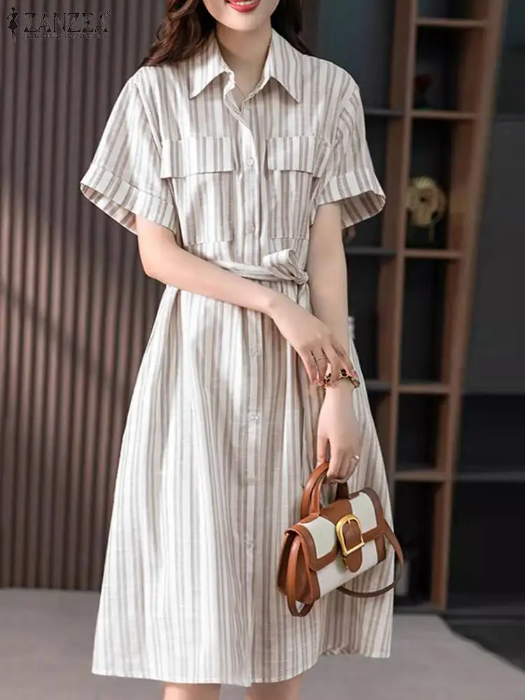 ZANZEA Summer Striped Long Shirt Dress 2024 Women Short Sleeve Sundress Holiday Pocket Lapel Collar Vestidos Casual Midi Dresses