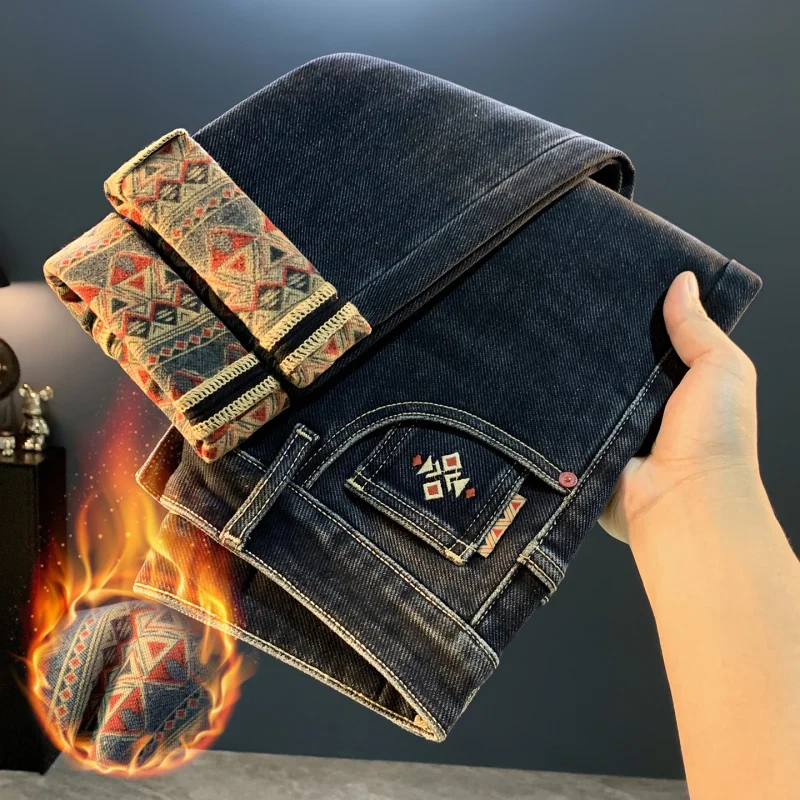 Trendy brand high-end printed winter jeans for men 2025 new style with added fleece and thickened small feet, warm long pants