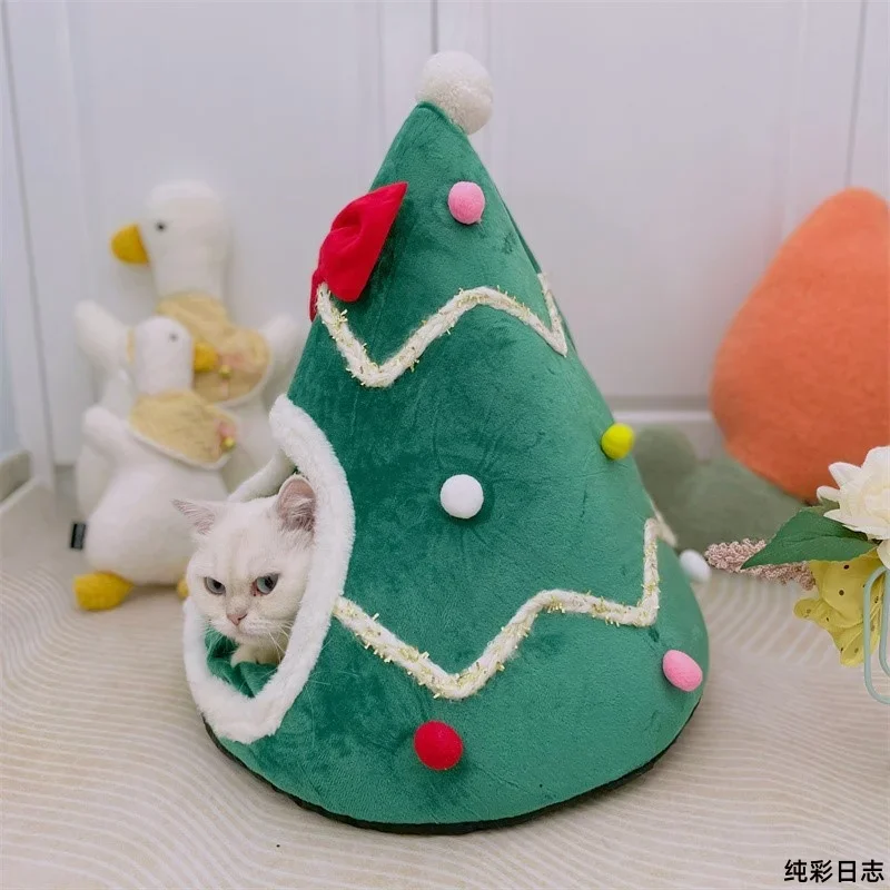 Christmas cat nest  winter warm pet litter teddy kennel bow  cat bed security nest mat