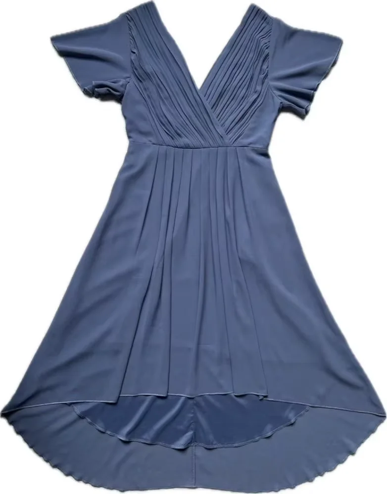 Women's Pleated Double V-Neck Halter Short Sleeve Chiffon Party Bridesmaid Cocktail Dress Gray Blue