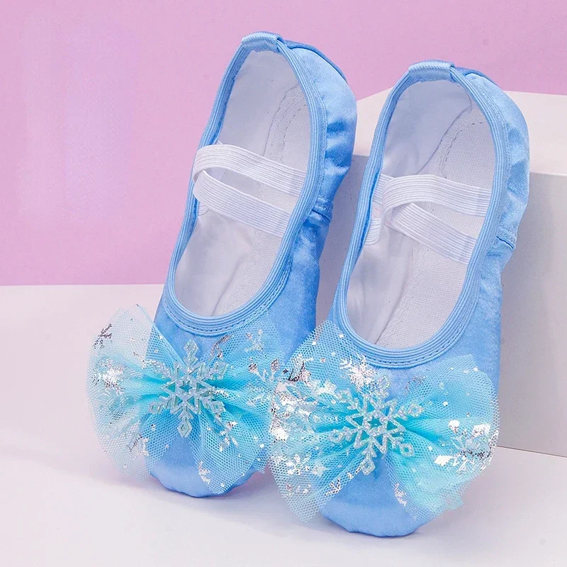 Size 23-39 Ice Bowknot Snow Blue Cherry Pink Weman Patter Kids Bandage Children Ballet Silk Dance Shoes Split Suede Sole