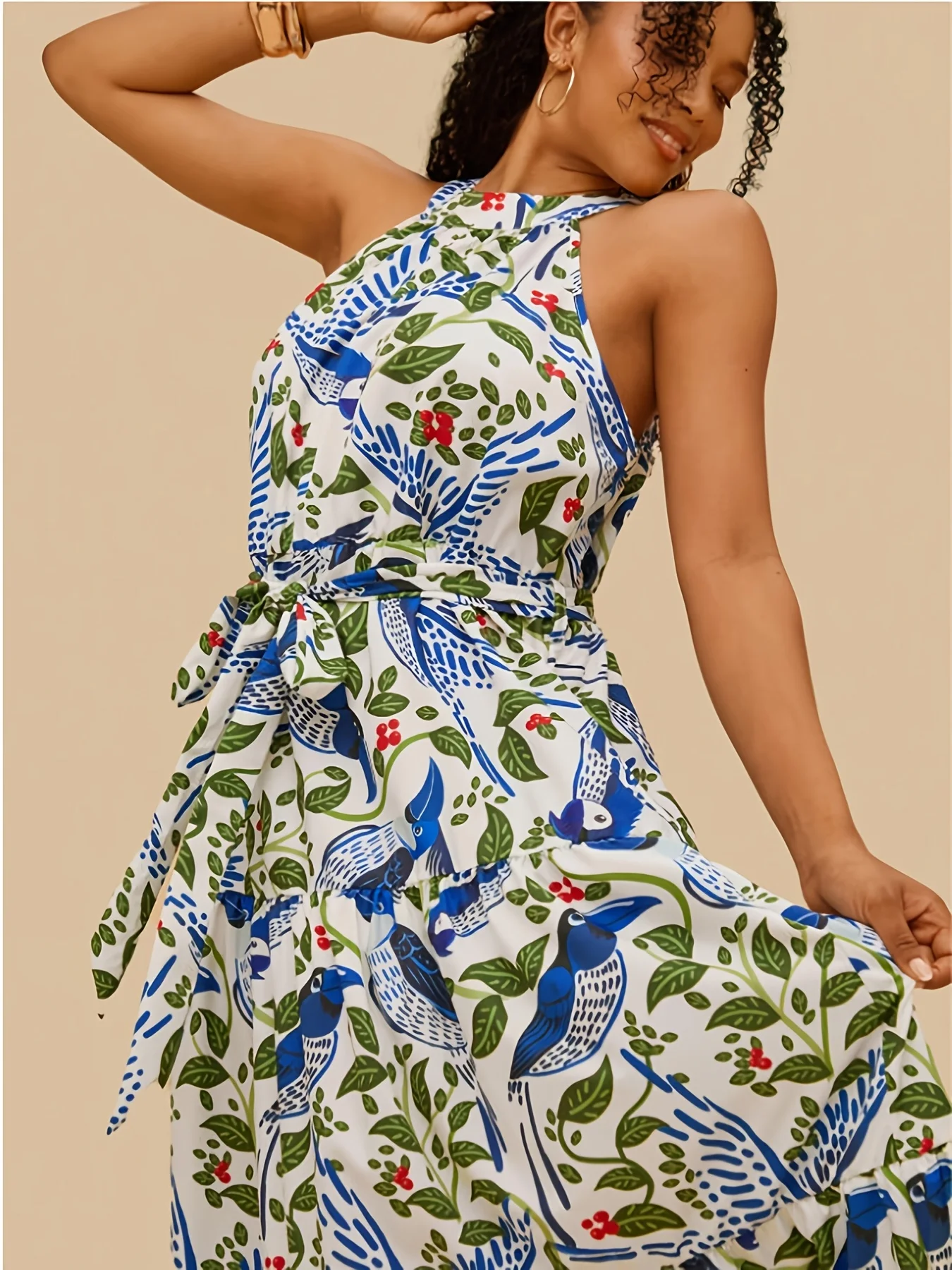 plus Size Elegant Women's Spring Summer Floral Bird Print Halter Neck Sleeveless Long Dress Vacation Waist Cinched Slimming Beac