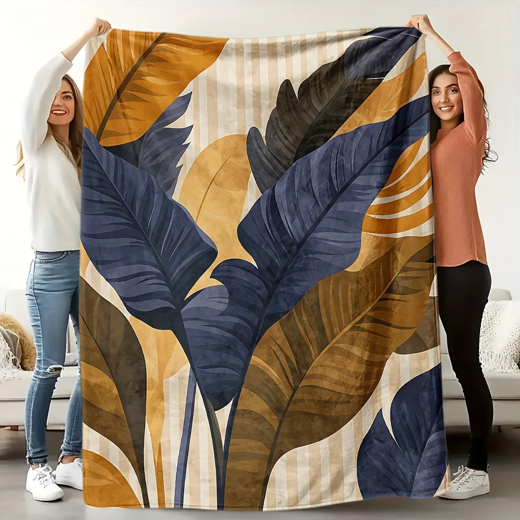 Tropical Leaves Pattern Flannel Blanket | Soft High-Definition Digital Print, Multi-color Brown Blue Design, Cooling, All-Season