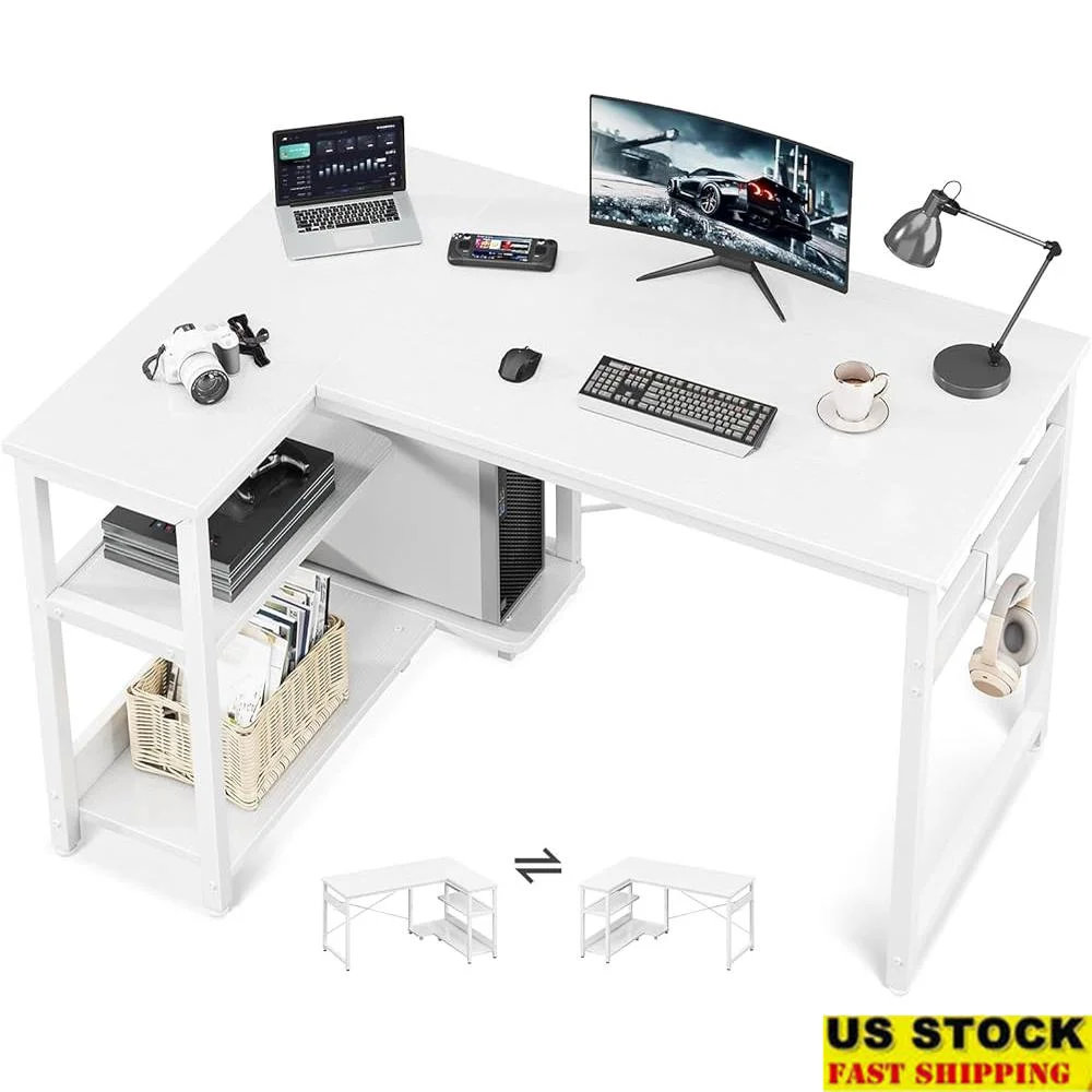 

L Shaped Computer Desk Corner Workstation with Storage Shelves PC Stand Reversible Gaming Desk Home Office Space Saver