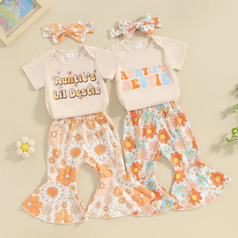 Baby Girl Summer Outfits Letter Print Short Sleeve Rompers Flroal Print Flare Pants Headband 3Pcs Clothes Set