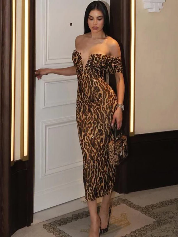 Vestido con estampado de leopardo y gato extraño para mujer, vestido fruncido con cuello barco y hombros descubiertos, bata salvaje de medianoche, Sexy, para fiesta y discoteca, ceñido largo Hipster