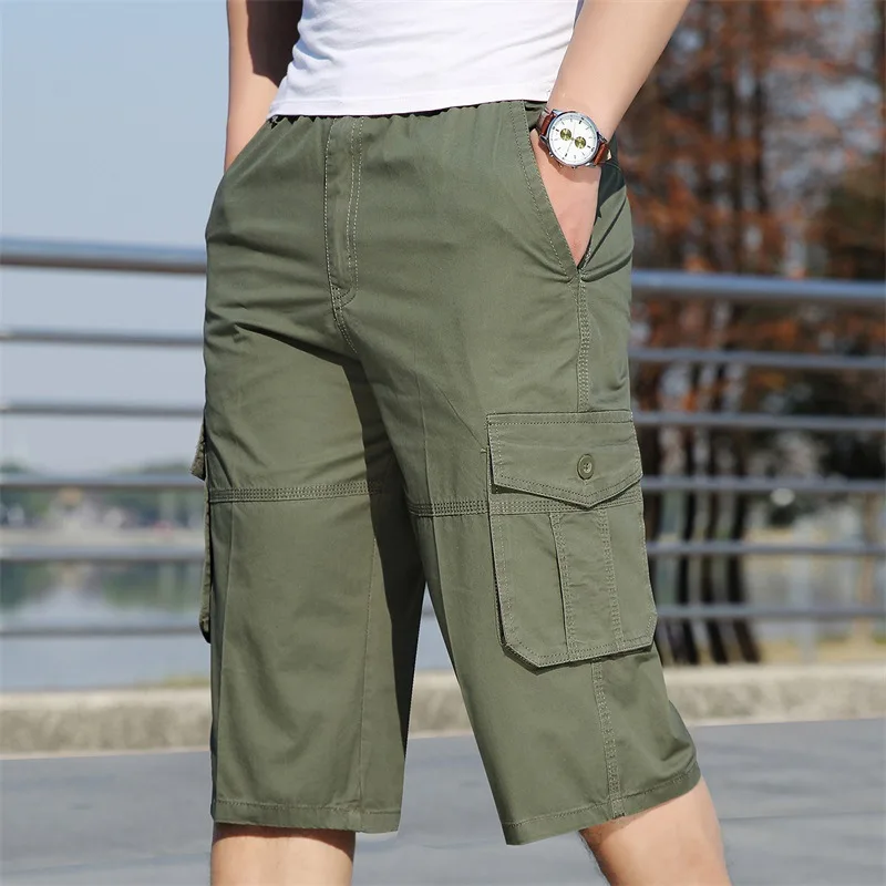 

Summer Long Length Cargo Shorts Men Plus Size 6XL Casual Cotton Multi Pockets Hot Breeches Cropped Trousers Military Shorts Male