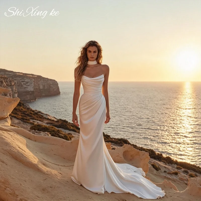 Satin Mermaid Beach Wedding Gown Draped Strapless Open Back Chapel Train Vestidos De Novia Customized