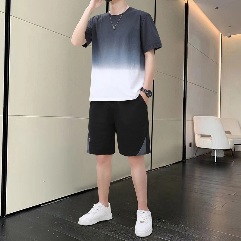 Fashion O-Neck Printed Short Sleeve Casual Gradient Men's Sets 2024 Summer New Loose All-match Elastic High Waist Shorts Sets