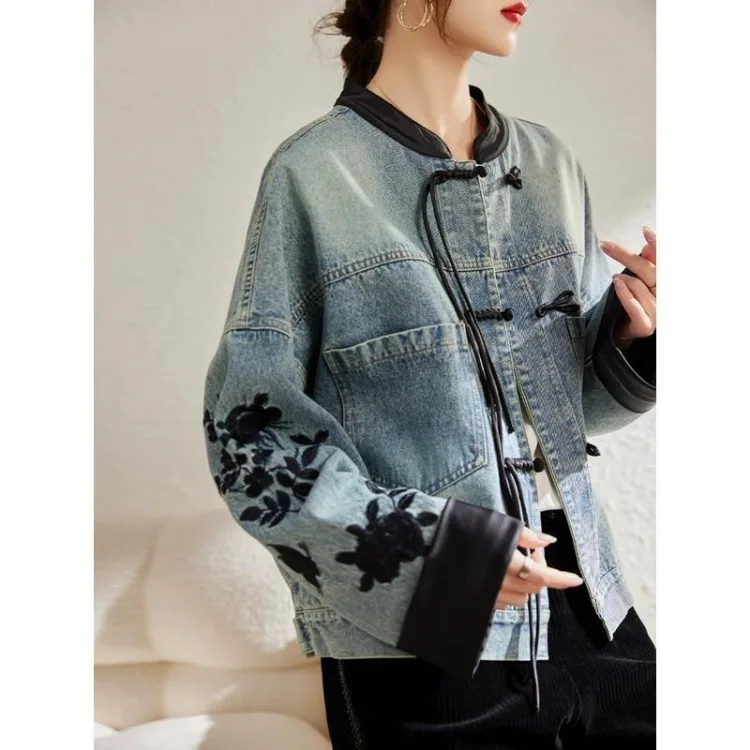 New Chinese Style Stand Collar Denim Jackets 2024 Spring  Embroidery Coat Women Y2k E-Girl Long Sleeve Loose Tops Mujer