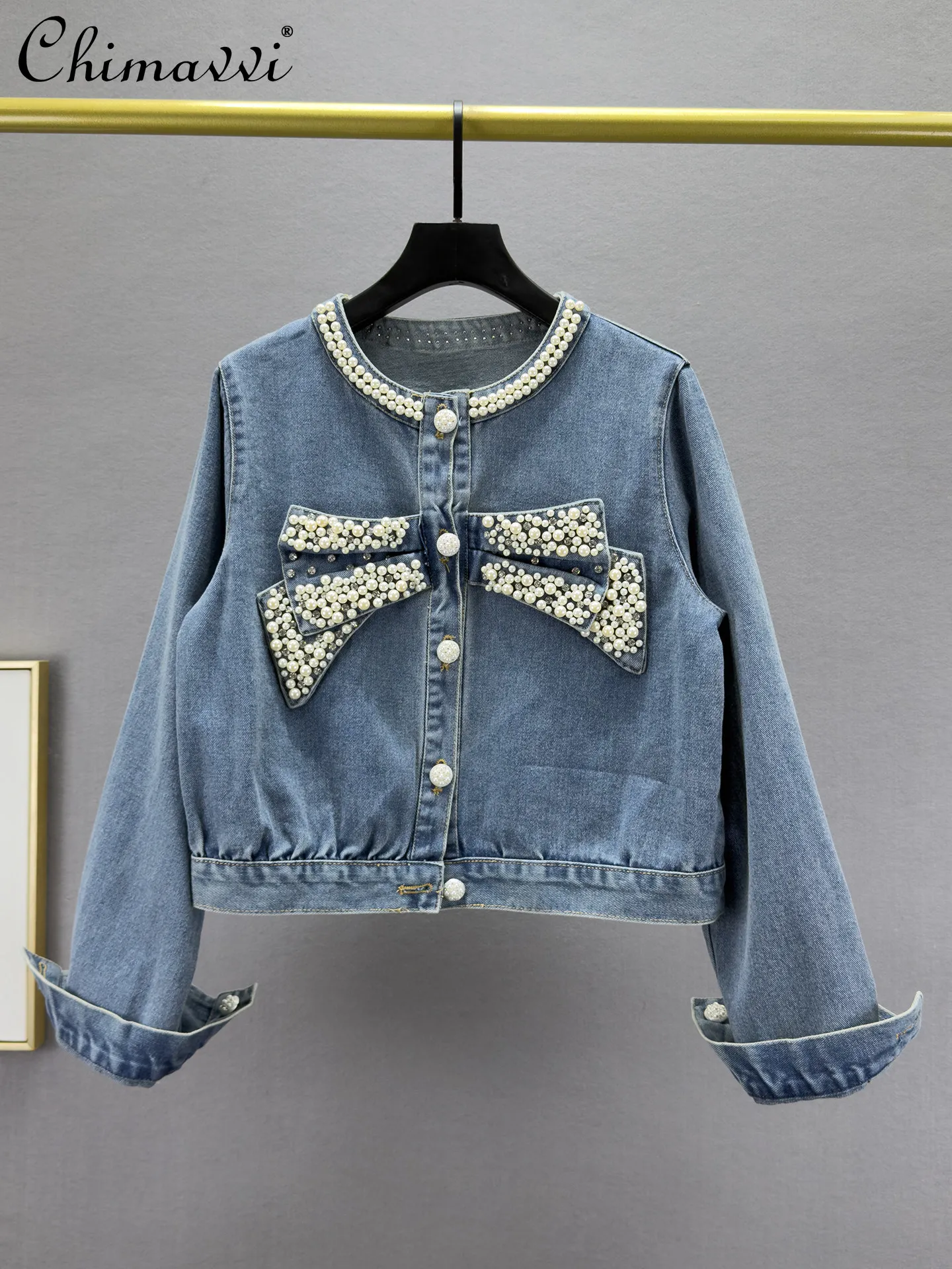 

Heavy Beaded Rhinestone Denim Jacket for Women New Spring 2026 Fashion Slim-fit Vintage Distressed Long-sleeve Coat Tops