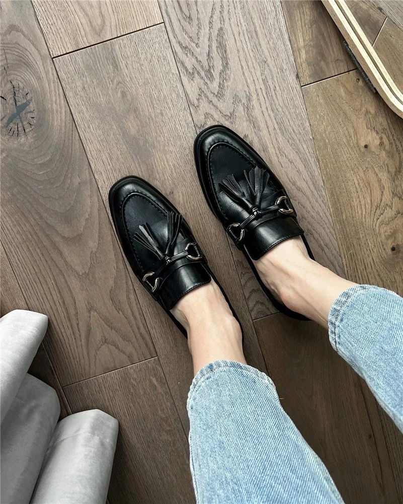 

Meotina/женские лоферы, туфли на плоской подошве из натуральной кожи, женская обувь с металлическими украшениями и кисточками, круглым носком, весна-осень, черный 43