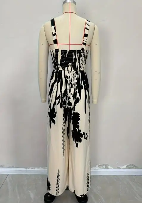 New 2023 Elegant Sexy Ethnic Style Printed Drawstring Waist Jumpsuit with Twisted Design Casual Vacation Style Women's Jumpsuit