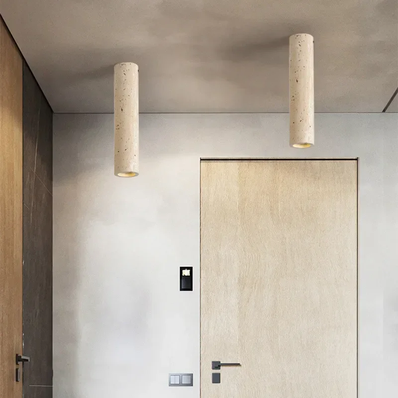 Surface Mounting Stone Light Yellow Travertine Cylindrical Ceiling Lamp