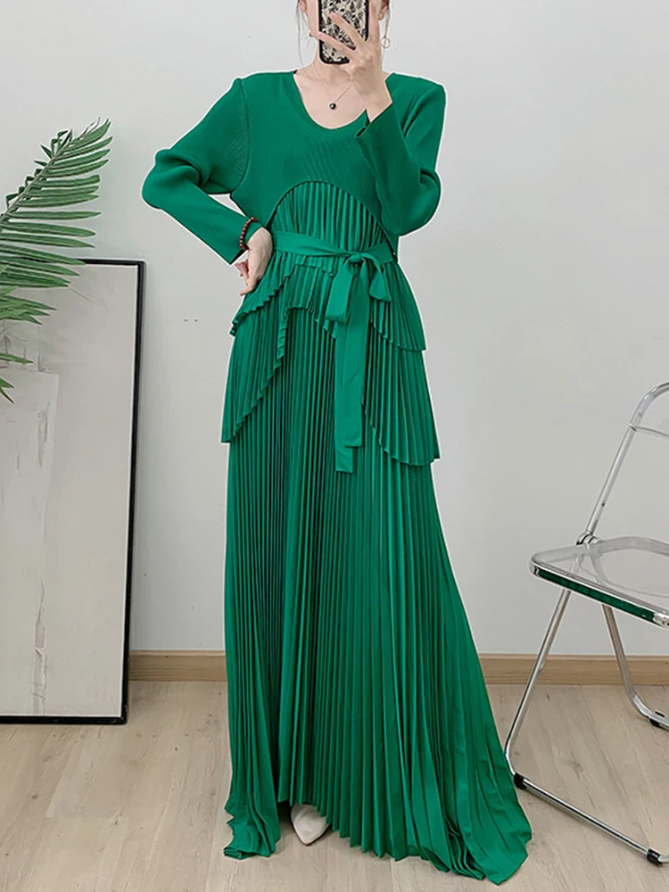 GVUW Pleated Patchwork Dress Women Lace-up A Line Full Sleeve Round Collar Evening Party Chic Style New Long Dresses 17G8486