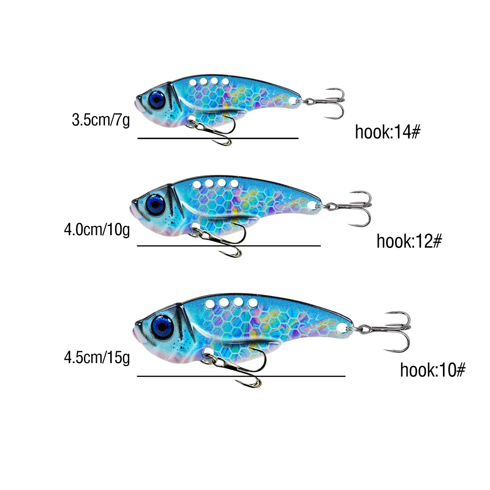 1 Stück 3D-Druck Metall VIB Köder 7 g/10 g/15 g Gießköder sinkender künstlicher harter Köder mit doppelten Drillingshaken für Bassforelle – Detail 8