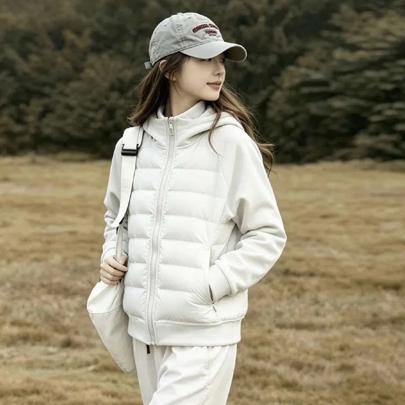 Women Solid Lightweight Padded Jacket Hooded Zip Up Short Quilted Coat Contrast Panel Raglan Sleeve Casual Sporty Outerwear