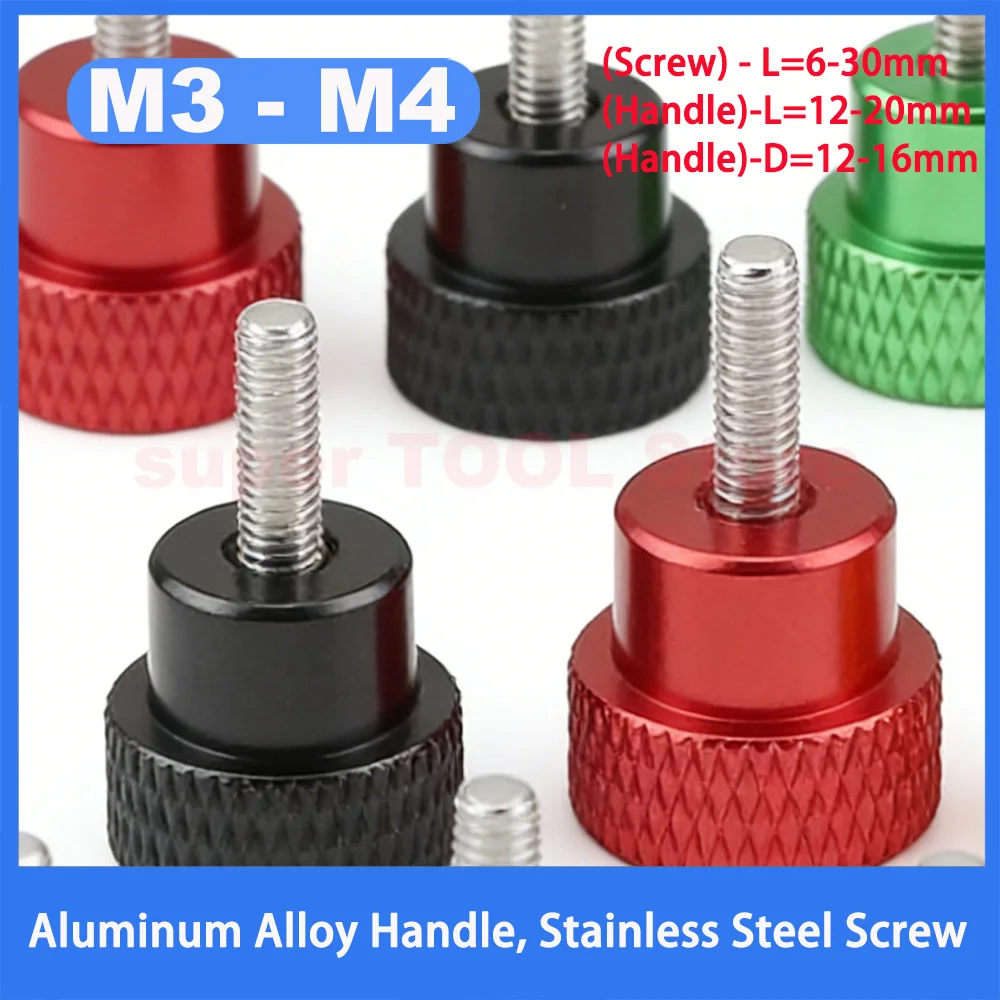 

1Pcs High Head Knurled Hand Tighten Screws M3-M4 Aluminum Handle Stainless Steel Shank Step Screws Fasteners Surface Anodizing