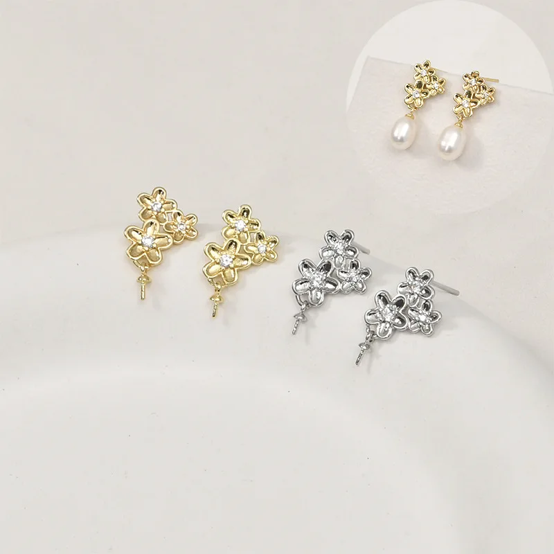 14k Gold Color Three Flowers with Pearl Holder Silver Needle Earrings DIY Handmade Earrings, Ear Jewelry Material Accessories