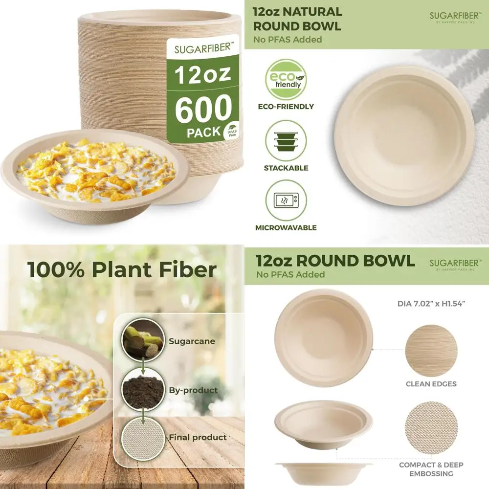 

Eco-Friendly Disposable 12oz Round Bagasse Paper Bowls, Heavy-Duty Compostable, Bulk Pack for Harvest, PFAS Free, Sustainable an