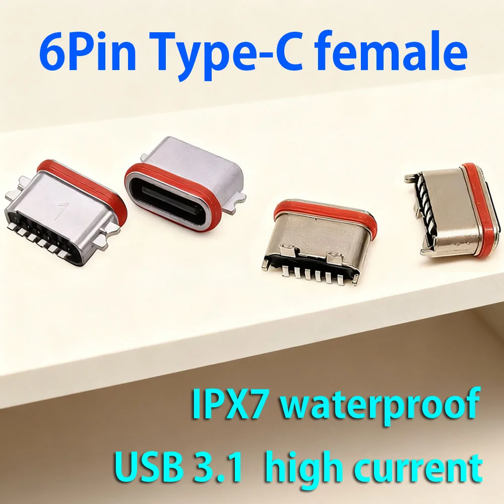 

USB 3.1 Female 6Pin Type C IPX7 waterproof SMT Socket Connector SMD DIP For Huawei Samsung Lenovo PCB Design DIY High Current