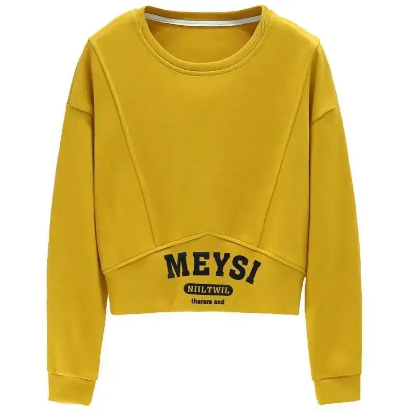 Autumn Solid Color Printing Letter Sweatshirts Women New Long Sleeve O-collar T-shirt Patchwork Screw Thread Short All-match Top