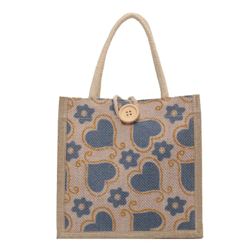 Women Linen Fabric Canvas Handbag Portable With Button Reusable Makeup Storage Small Tote Love Flower Print Lunch Bags