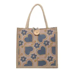 Women Linen Fabric Canvas Handbag Portable With Button Reusable Makeup Storage Small Tote Love Flower Print Lunch Bags