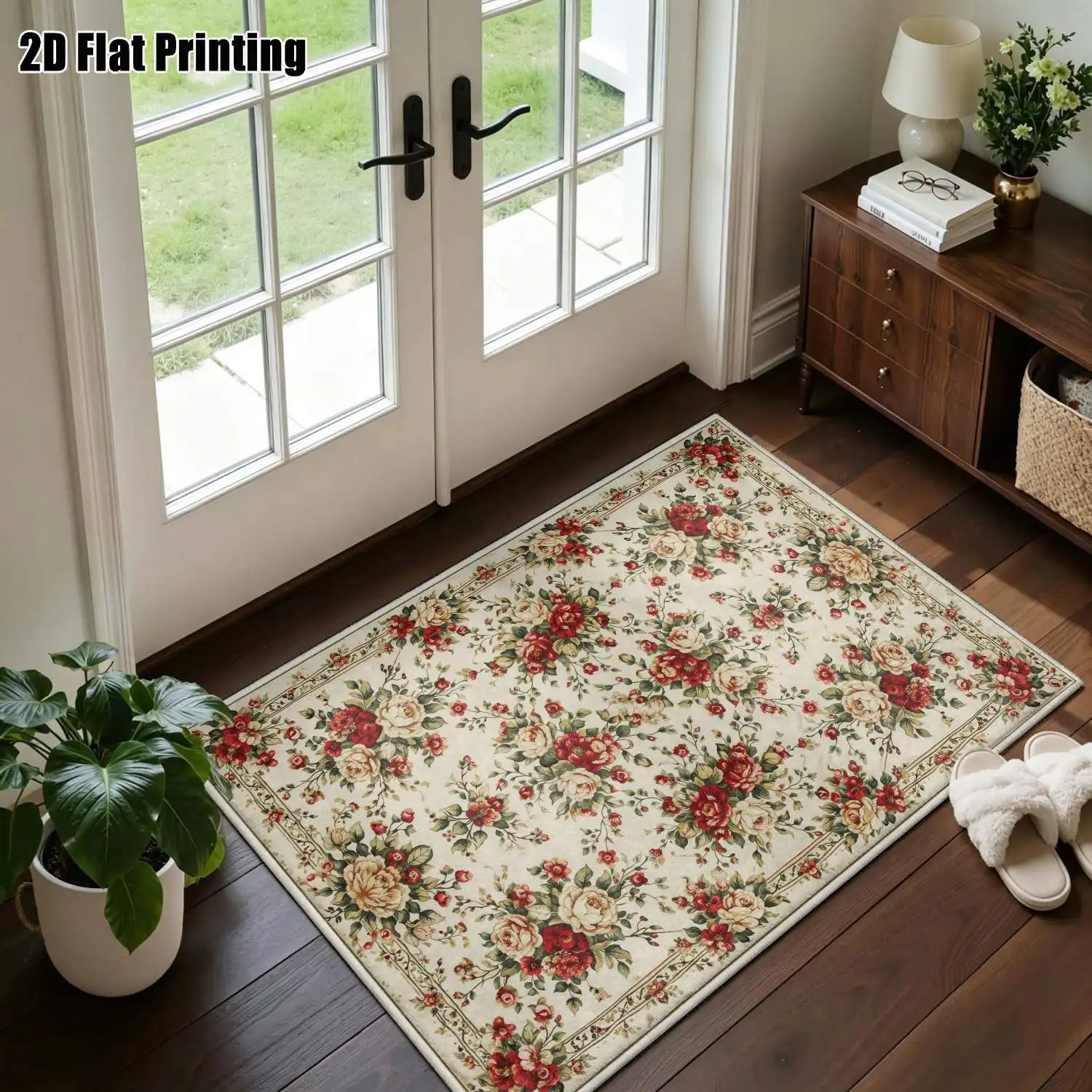 1Pc 2D Printed Retro Red Pink Floral Carpet: European Instagram Style Floor Mat, Machine Washable, Multi-Size, Ideal for Home Decor & Multi-Scenario Use