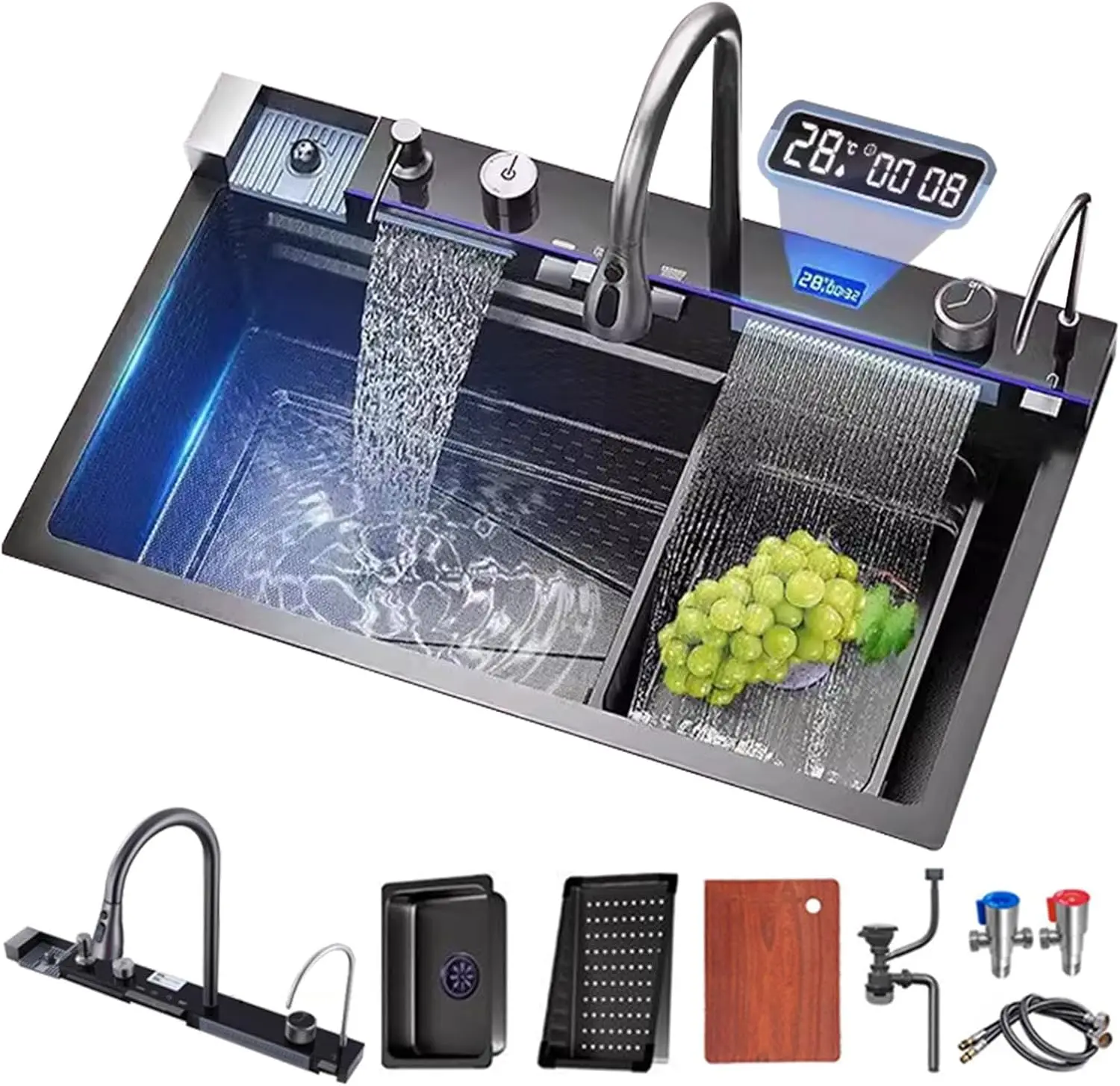 Kitchen sink double waterfall sink with LED display with cup washer, soap dispenser, waterfall mixer, worktop controller, etc. w