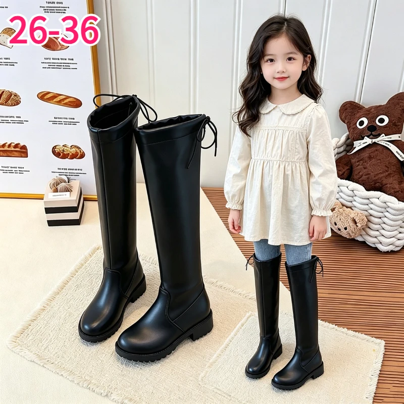 Girls Over Knee Boots Kids PU Leather Long Shoes Children Side Zipper Low Heel Warm Footwear for School Autumn Winter Kids Shoes
