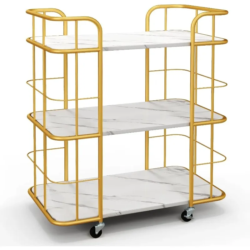 Gold Bar Cart, Home Island Service , Storage Shelves with Guardrail, Imitation Marble Top, Kitchen Utility