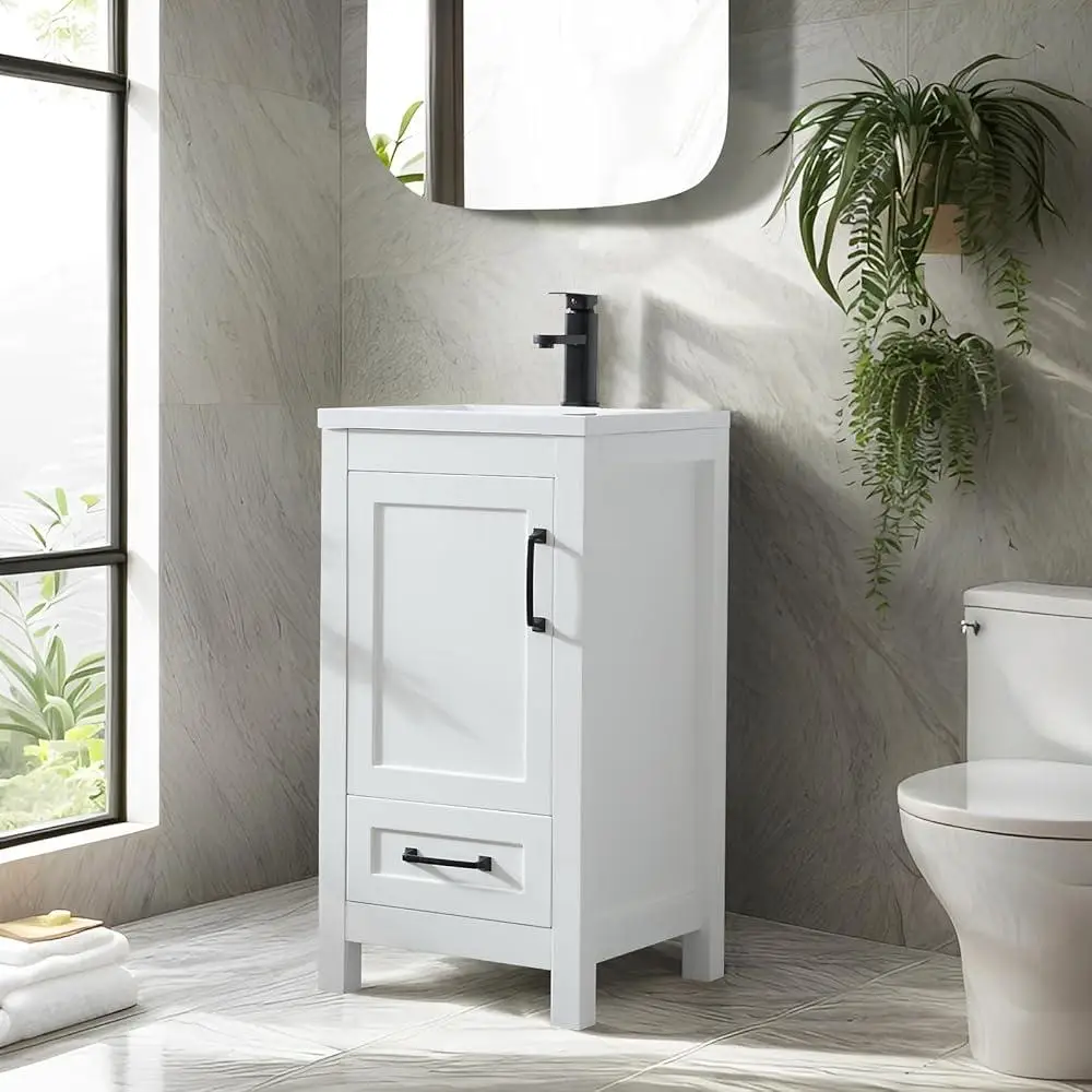 18 Inch Bathroom Vanity with Sink Storage Cabinet Modern MDF Wood Under mounted Sink Matte Black Faucet Soft Close Doors