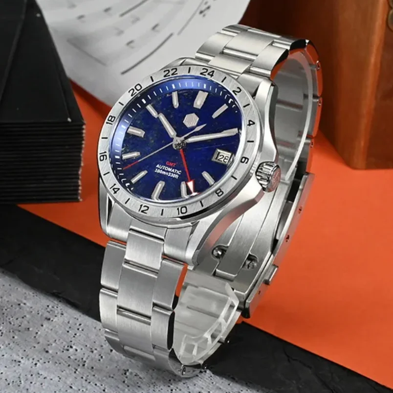 

Мужские часы San Martin GMT, 39 мм, автоматические механические наручные часы, 10 бар, BGW-9, светящийся сапфир, NH34, циферблат с драгоценными камнями авантюрина