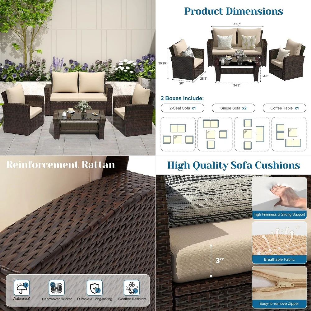 

4 Piece Patio Outdoor Furniture Sets,Patio Conversation Sofa Wicker Chair with Cushion,Hand Woven Rattan Sofa for Porch Backyar